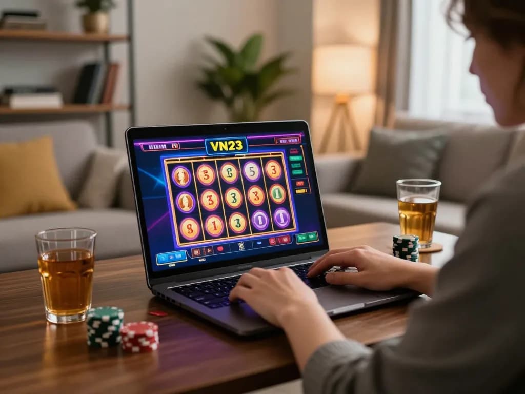 Engaging in VN23 online casino gaming with vibrant slot machine interface in a cozy living room.