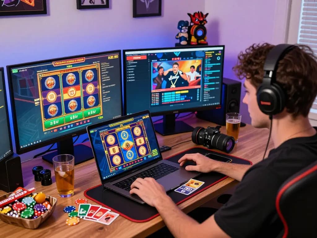 Online gambling experience with sultan88 gaming interface and vibrant tokens on a modern desk.