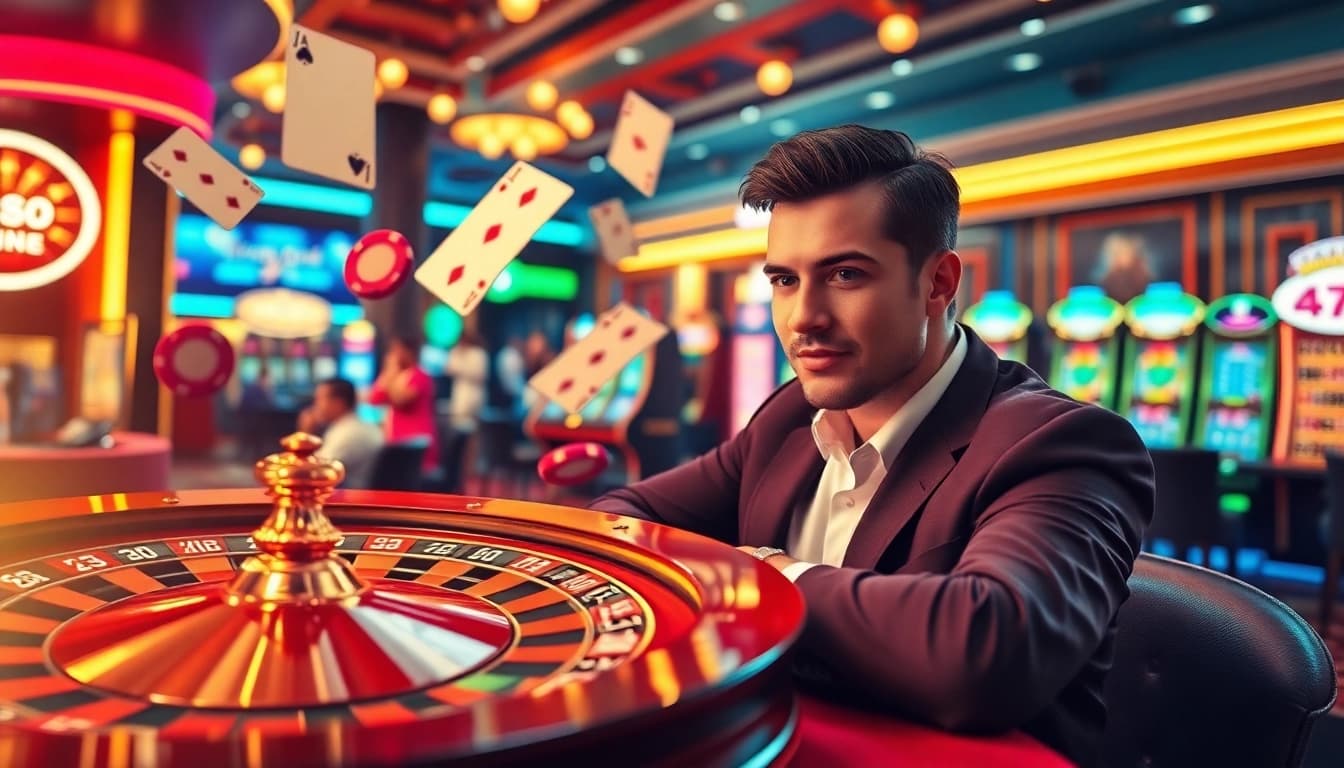 Watch players engage in exciting casino games at https://nk88.sbs/ with vibrant roulette and poker elements.