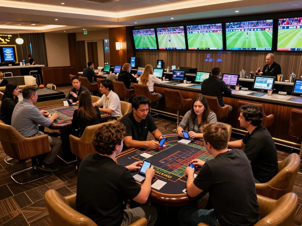 Engaged patrons analyzing odds and strategies for kèo nhà cái 5 in a modern sports betting lounge