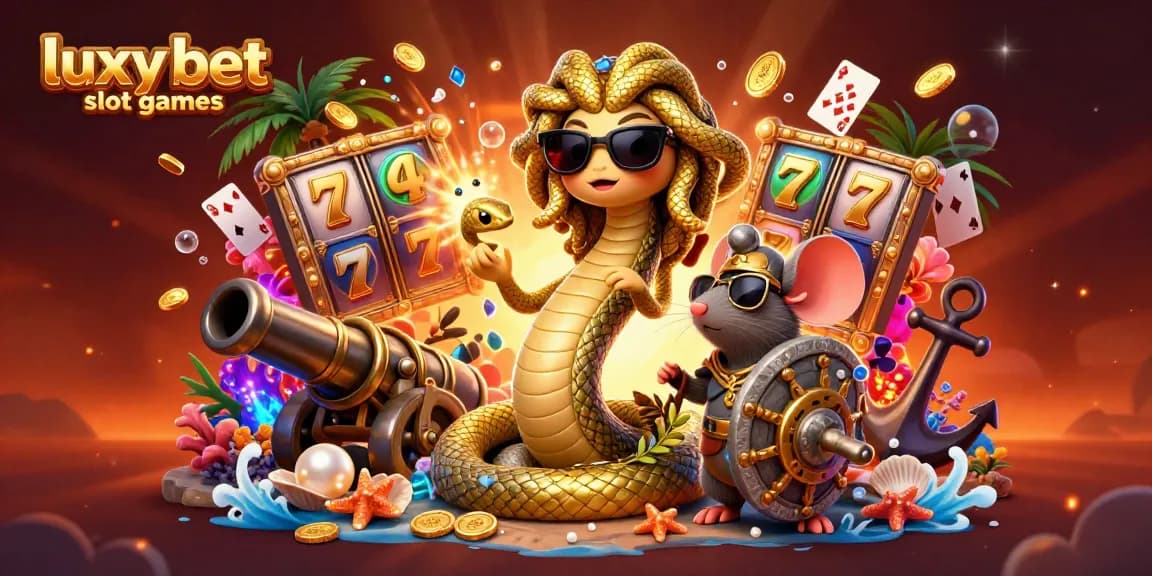 Experience exciting luxy bet slot games with this vibrant 3D illustration featuring whimsical characters and dynamic casino elements.