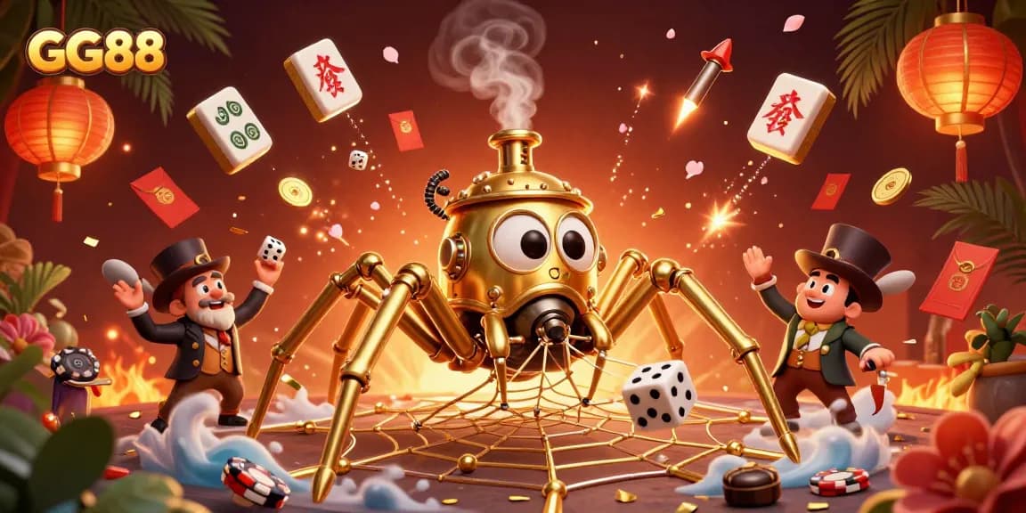 Engage with GG88 as a steampunk spider weaves a web of golden chains and poker chips among vibrant casino elements.