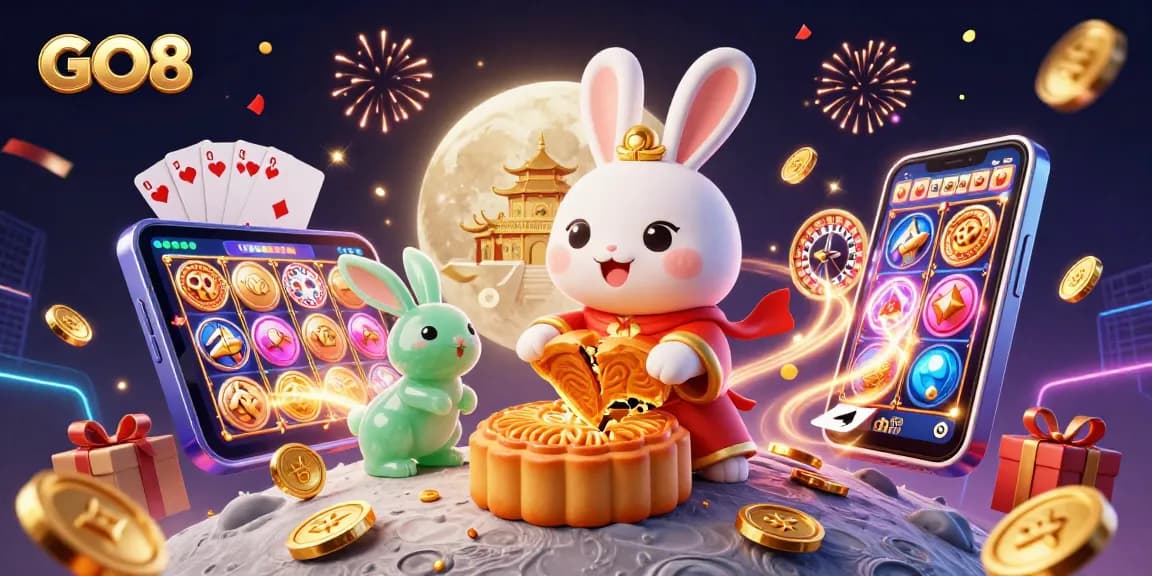 Experience GO8 with a vibrant gaming scene showcasing a moon rabbit and dynamic casino elements.