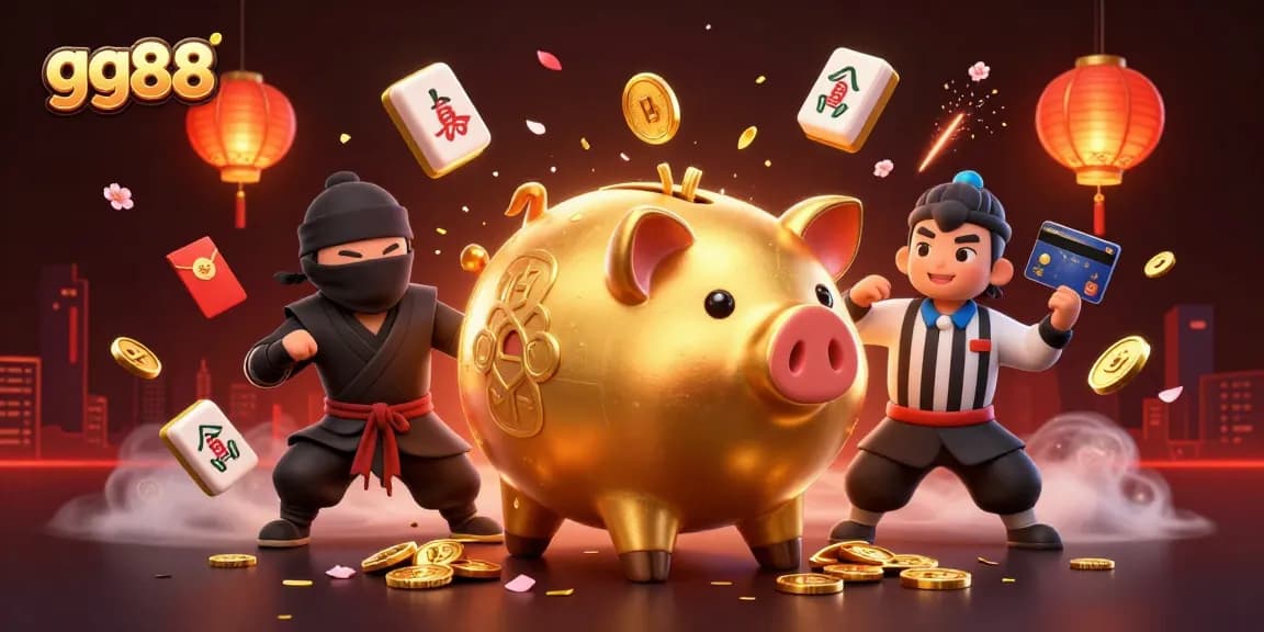 Experience thrilling gaming with gg88, featuring a golden sumo wrestler, ninja, and samurai amid dynamic casino elements.