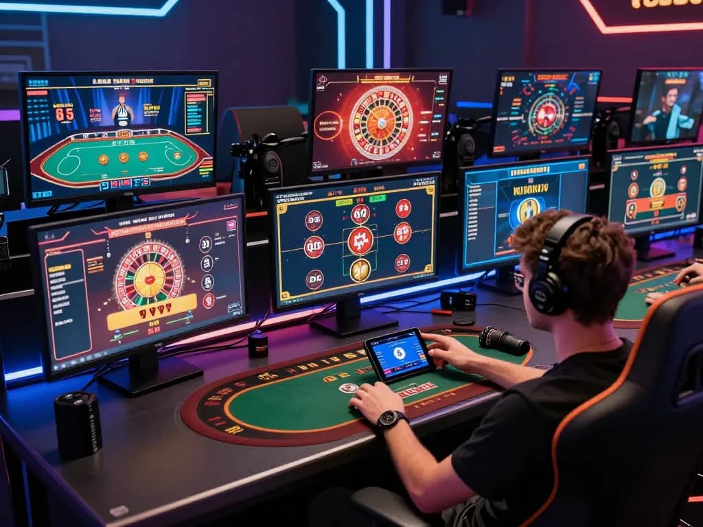 Player analyzing odds on multiple screens in a professional LGOGOAL online gaming setup.
