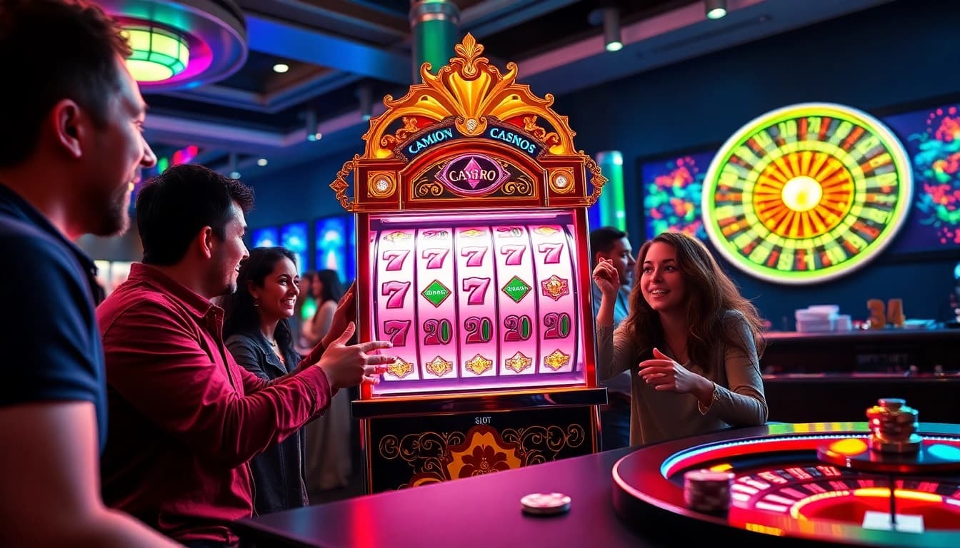 Players enjoying a thrilling experience at a vibrant slot gacor machine in a lively casino.