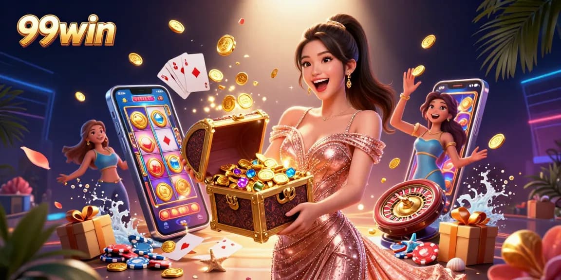 Experience the thrill of 99win with a beautiful woman showcasing treasures and gaming elements.