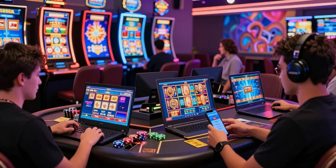Engaged players enjoying credit card casinos on various devices in a vibrant online gaming environment.