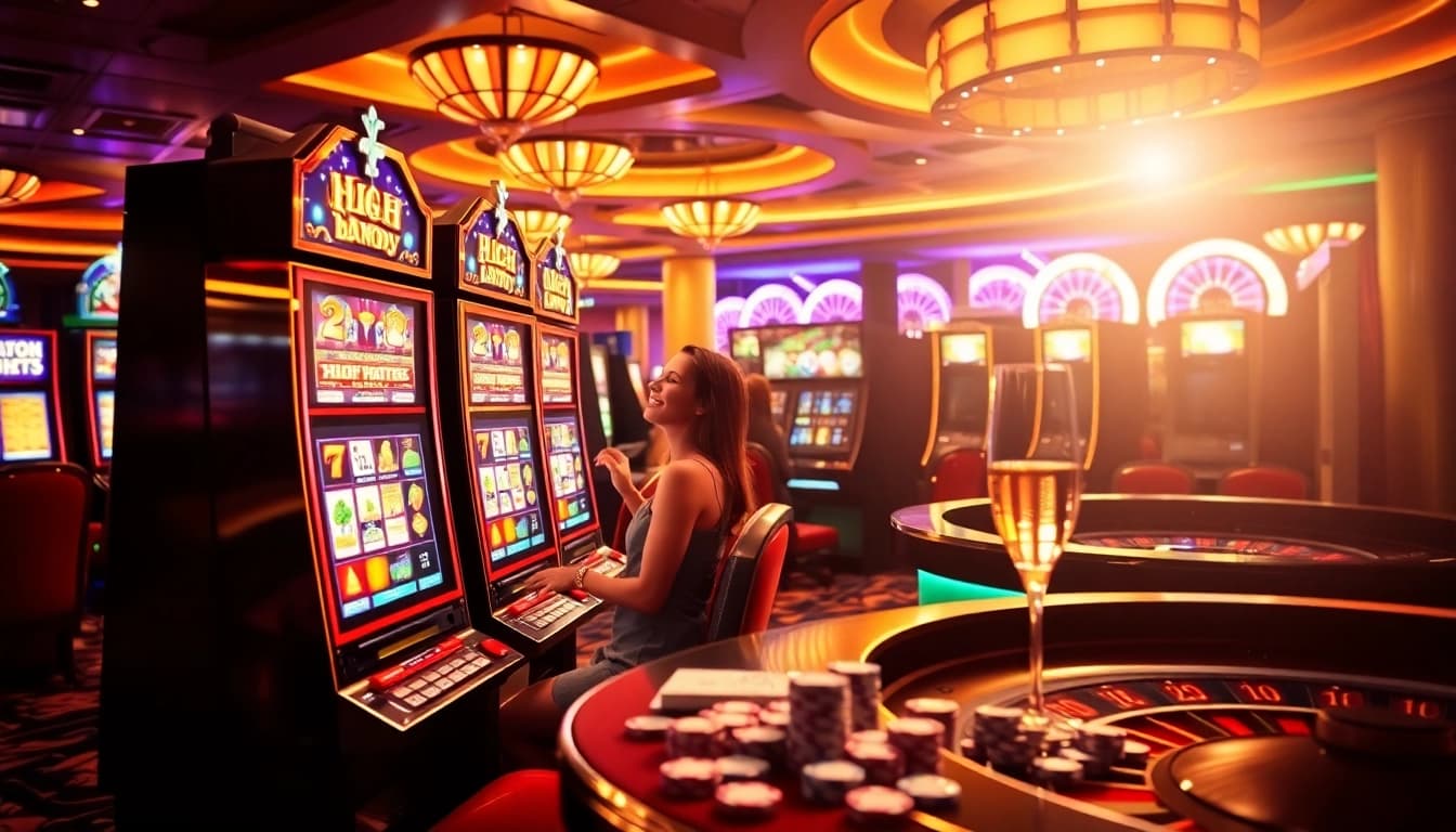 Experience the thrill of playing slot machines in a vibrant casino atmosphere filled with excitement.