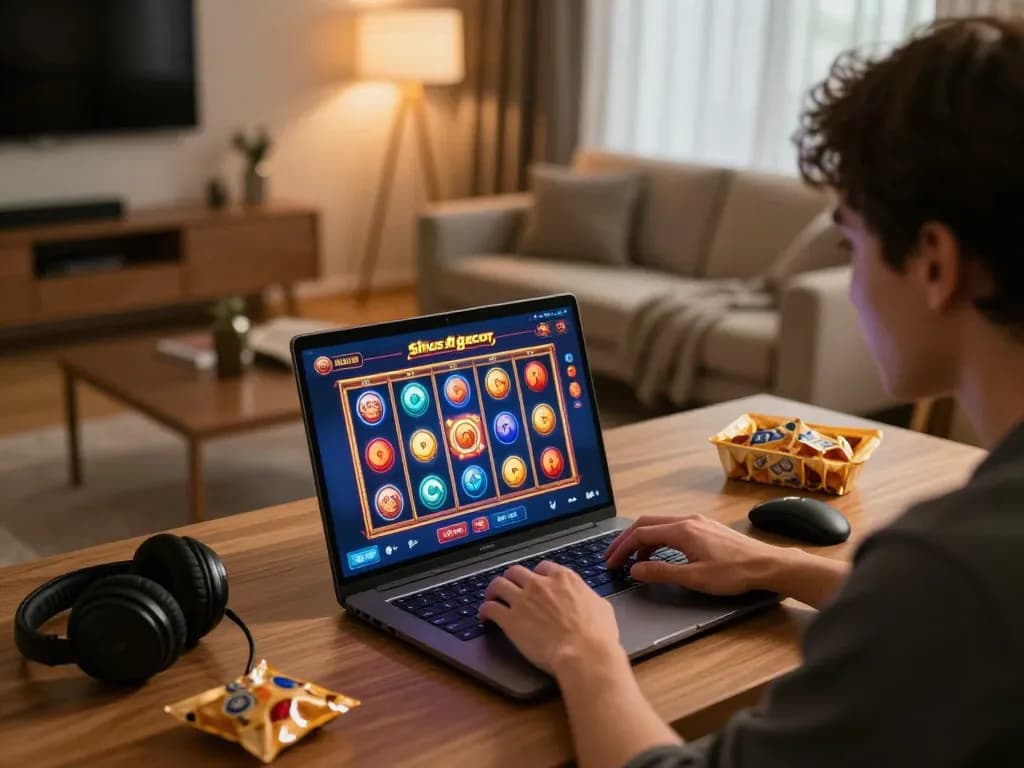Situs slot gacor gameplay dengan animasi cerah di laptop, dalam suasana rumah yang nyaman.
