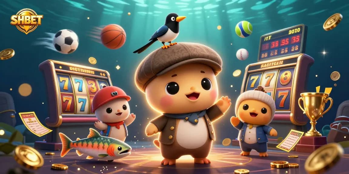 Experience high-energy slots and more at SHBET with playful Nessie and friends amidst vibrant gaming elements.
