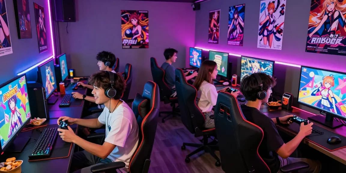 Players enjoying an ecchi game in a vibrant gaming lounge, surrounded by colorful graphics and snacks.