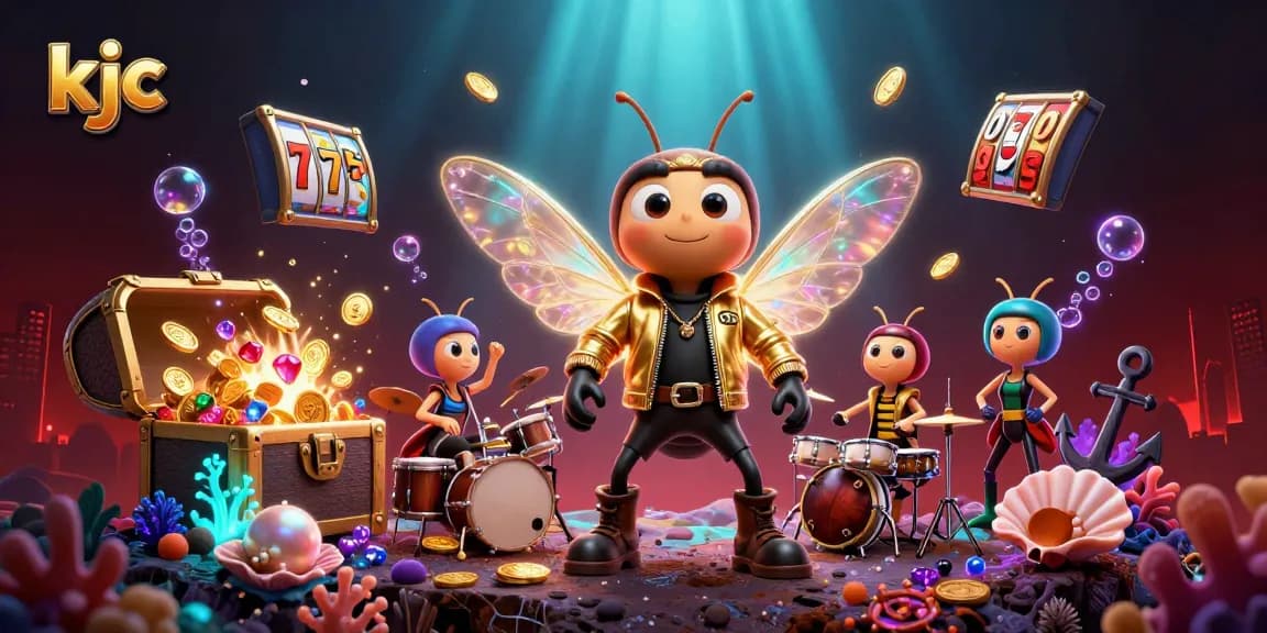 Experience amazing gaming at KJC with vibrant visuals featuring a cicada rock star and dynamic slot elements.