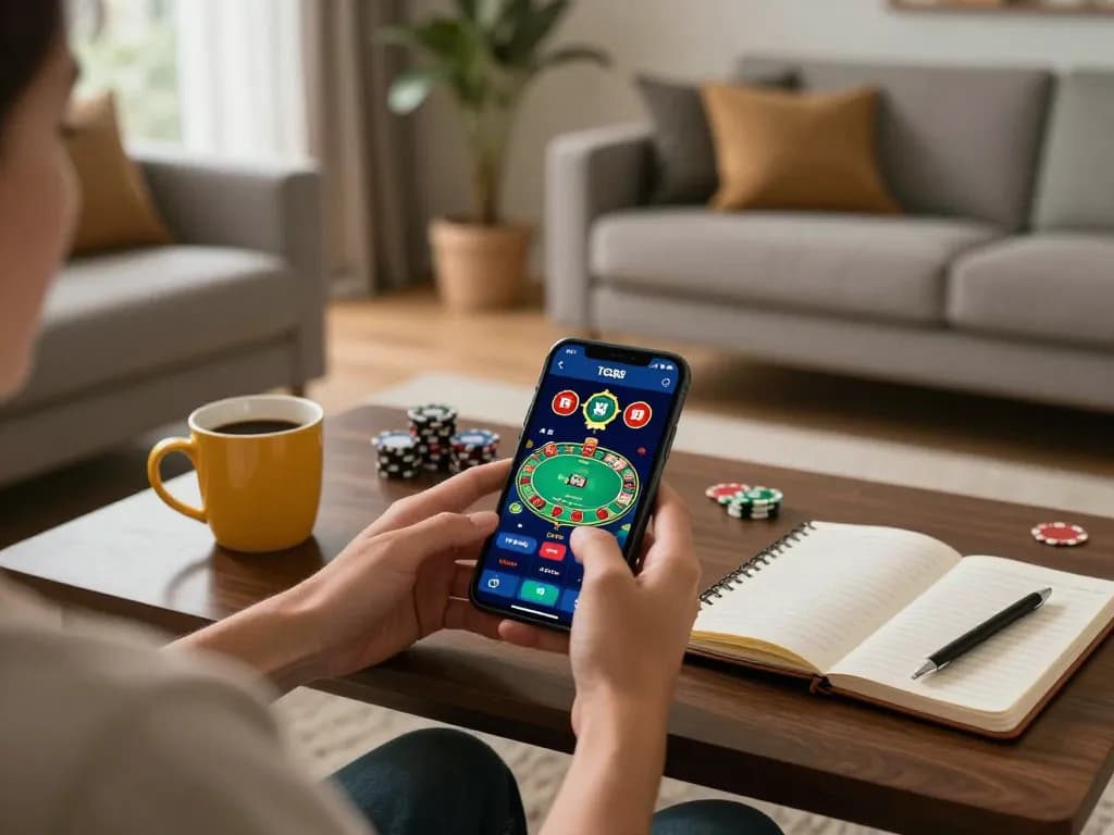 Person using TG88 app on smartphone for mobile gambling while relaxing on a couch