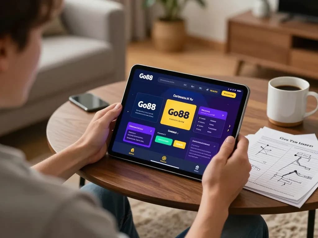 Engaging with Go88's gaming app on a tablet, depicting a relaxed home gaming atmosphere.