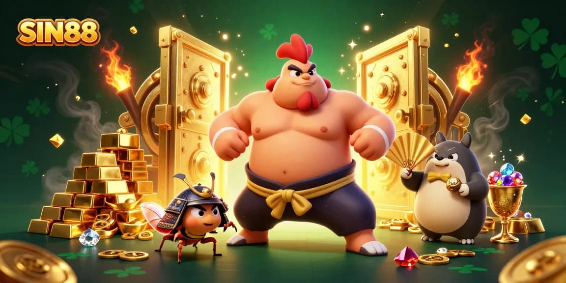 SIN88 showcases a powerful sumo wrestler and samurai cricket amidst treasure, creating a dynamic casino scene.