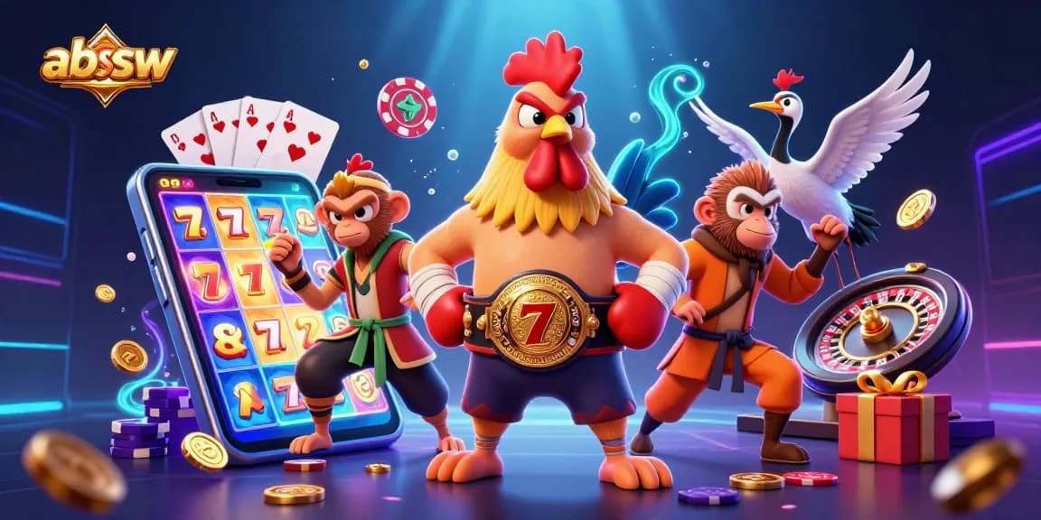 Experience thrilling slots with abssw's vibrant 3D casino illustration showcasing martial arts characters.