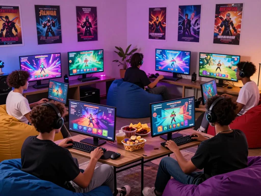 Engaged players enjoying sex games in a cozy gaming setup with colorful screens and snacks.