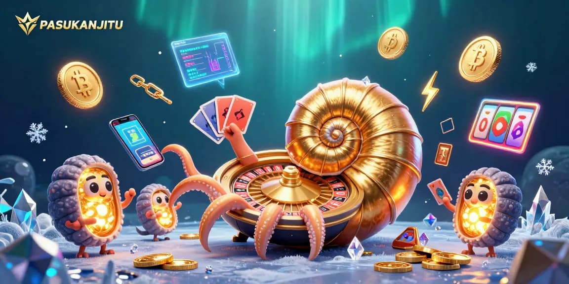 Engage in exciting gameplay with PASUKANJITU, featuring a giant nautilus roulette wheel surrounded by crypto elements.