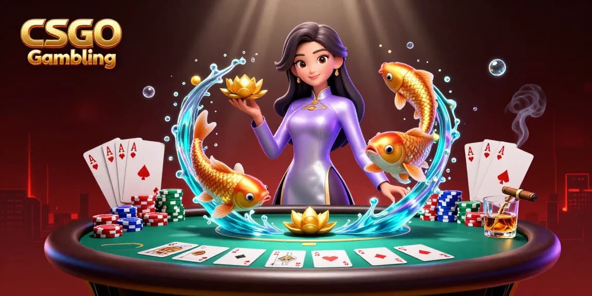 Ikut serta dalam Perjudian CSGO dengan seorang wanita Asia di meja poker yang meriah, diterangi oleh efek atmosfer.