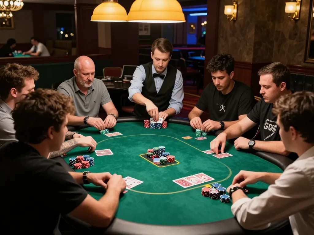Players strategizing at a busy GG88 poker table, chips and cards in play, showcasing dynamic gaming experience.