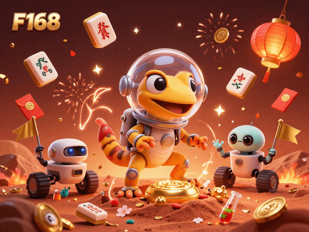 F168 Martian gecko uncovers a hidden casino in red sand, celebrating with lucky casino elements.