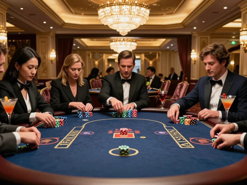 cm88 poker players strategizing at an upscale gaming table, showcasing elite gambling excitement