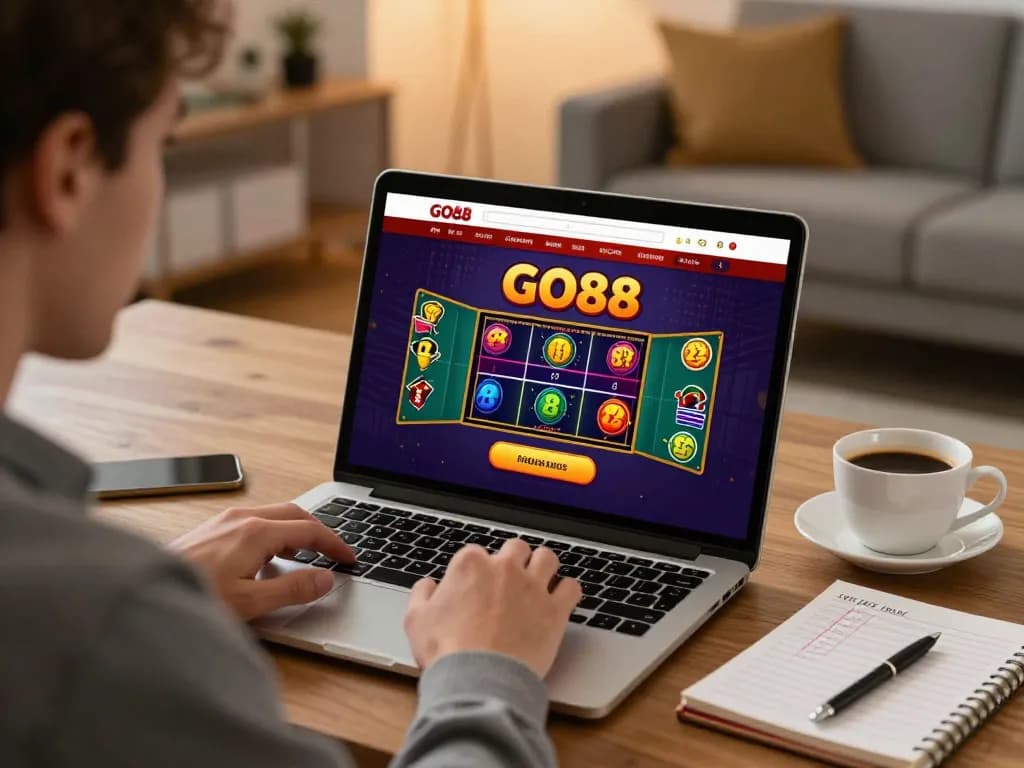 Player engaging with the GO88 app in a cozy home office, emphasizing strategic gameplay.