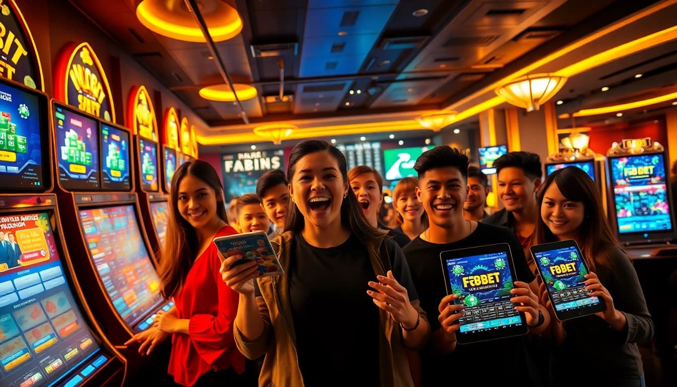 Exciting online gambling experience at https://f8bet.io/ showcasing vibrant casino elements with diverse young adults enjoying gaming.