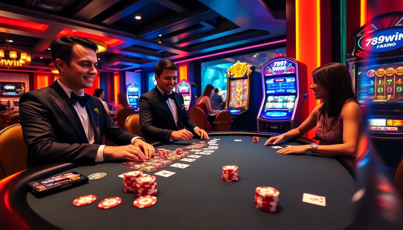 Players engaging at the poker table showcasing 789win luxury casino experience with vibrant chips and exciting games.