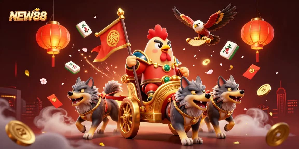 Engage with NEW88: a vibrant 3D casino scene featuring a rooster warlord amid mahjong tiles and gold elements.