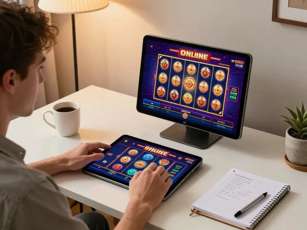 Engaging online gameplay on gg88 com with tablet showing slot game, creating a cozy gaming environment.