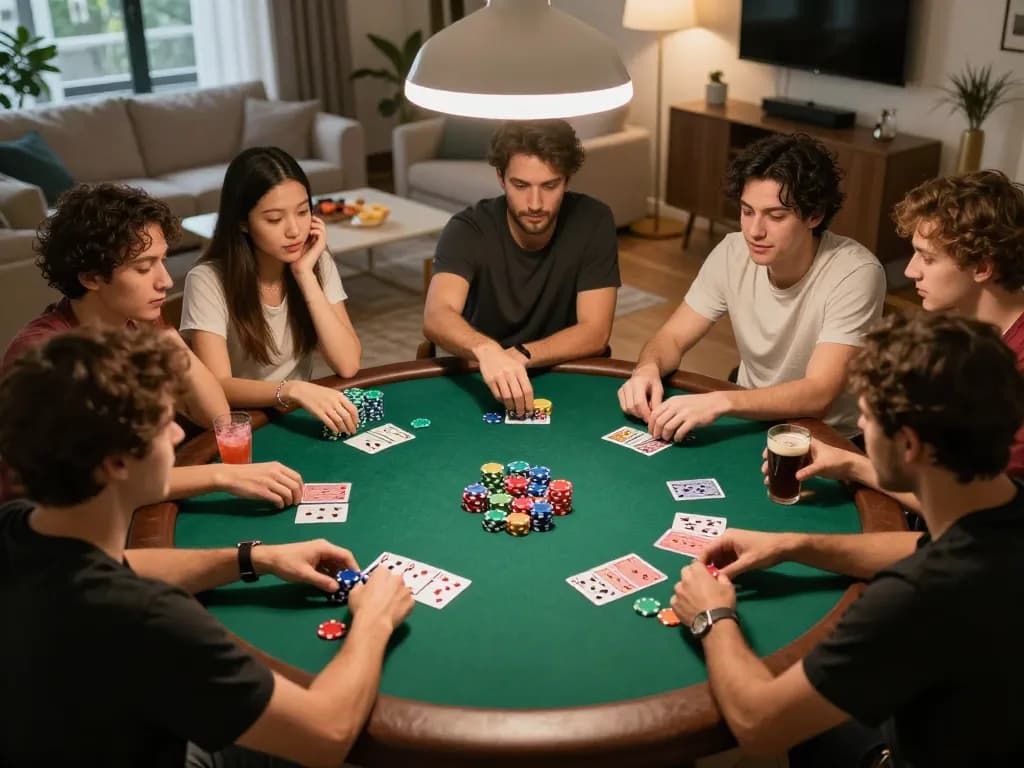 Friends enjoying a lively poker game at home, focusing on strategies and interactions, kp88.