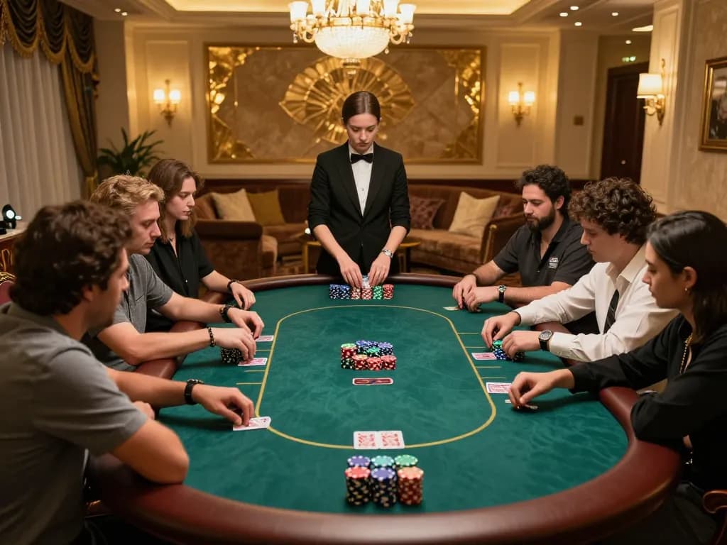 Pemain POL777 menikmati permainan taruhan tinggi yang mendebarkan di ruang poker VIP yang mewah.
