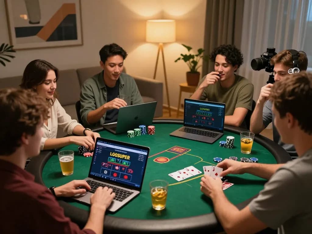 Players engaged in a live poker game using the LGOSUPER platform, highlighting strategic moments and home gaming atmosphere.