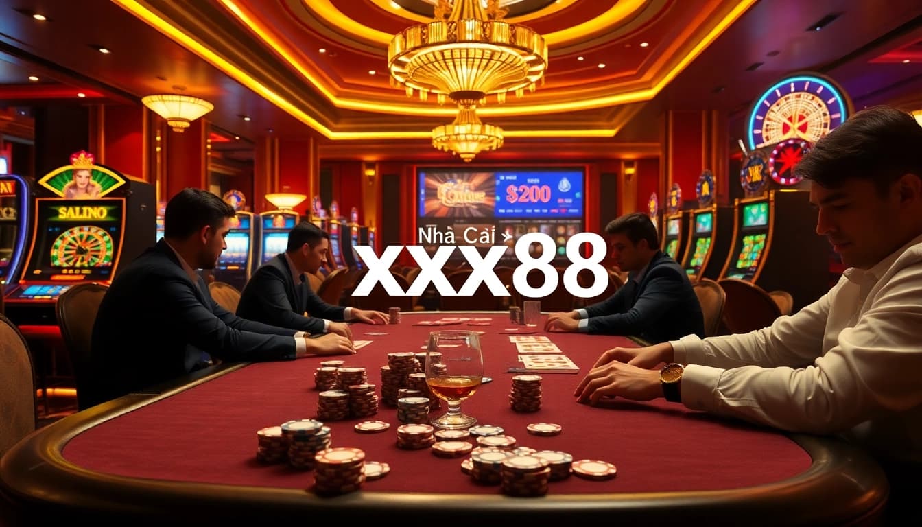Experience excitement at nhà cái xx88 with high-stakes poker and vibrant slot machines in a luxurious casino scene.