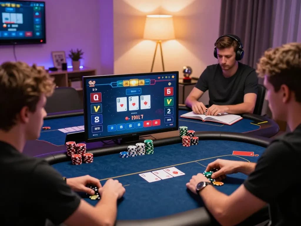 Players enjoying an online poker game at home with 11-hd platform, showcasing intense focus and strategy.