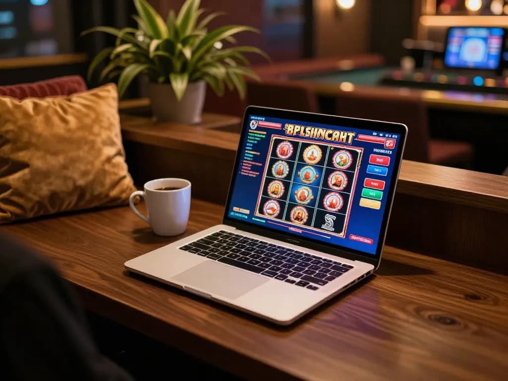 Engaging online gaming session at home, with a laptop showing slots game on screen, exploring gen-e options.