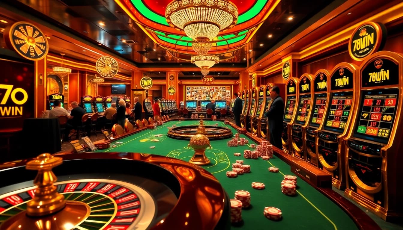 Experience the vibrant excitement of 78WIN casino with players enjoying thrilling games and rich rewards.