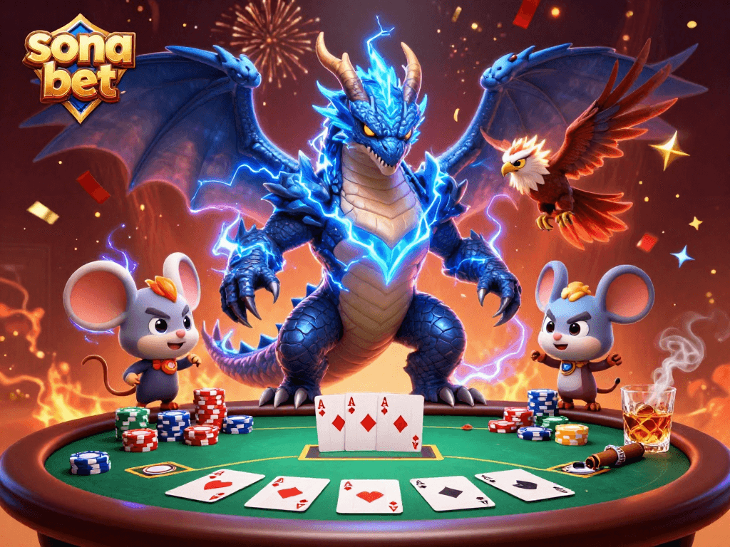 Play with "sona bet" amidst a vibrant casino scene featuring dragons and poker elements.