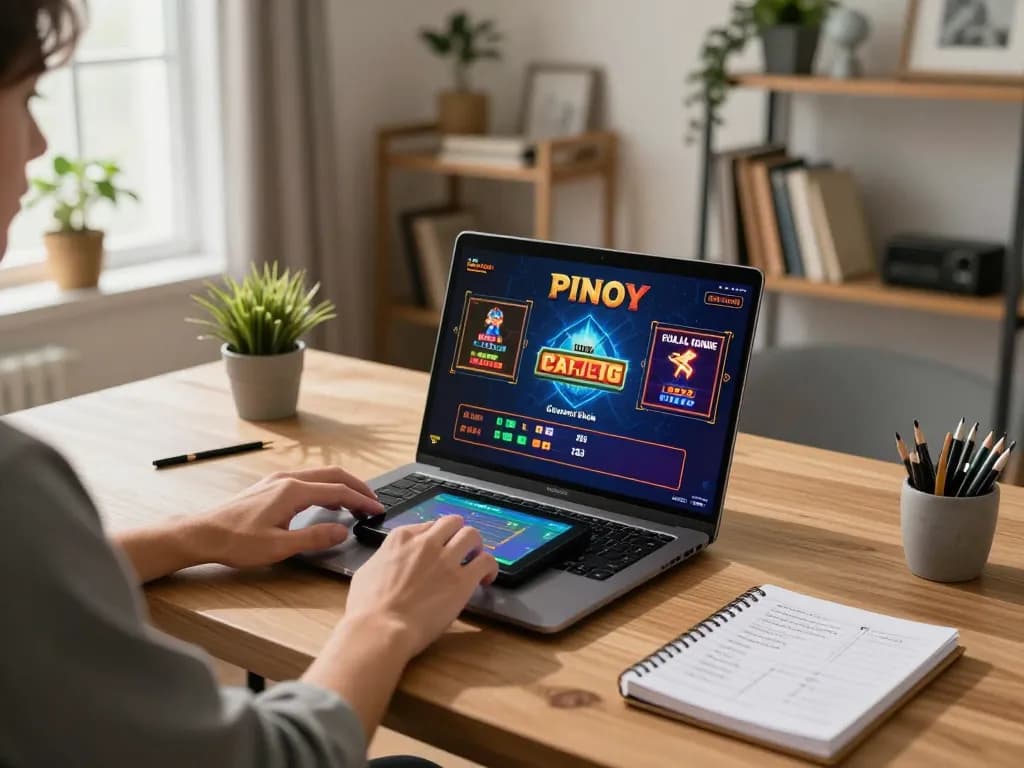 Engaging in Pinoy Casino Game on a laptop at home, emphasizing responsible gaming practices.