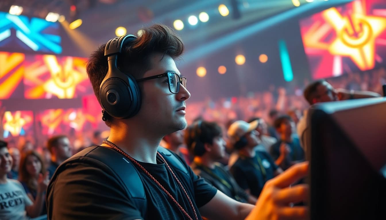 Jogador de higame concentrado em evento emocionante com torcida animada.