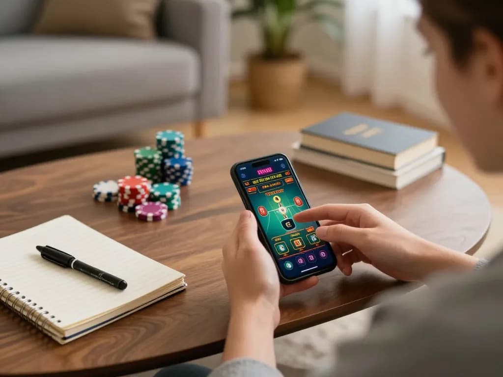 God55 user engaged in thrilling mobile casino gameplay at home, emphasizing strategic betting techniques.