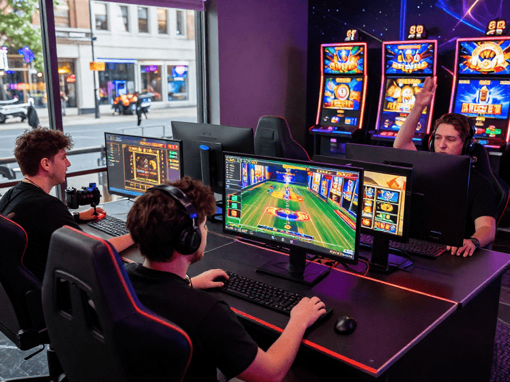 Exciting gameplay at non UK casinos with vibrant gaming displays and engaged players.