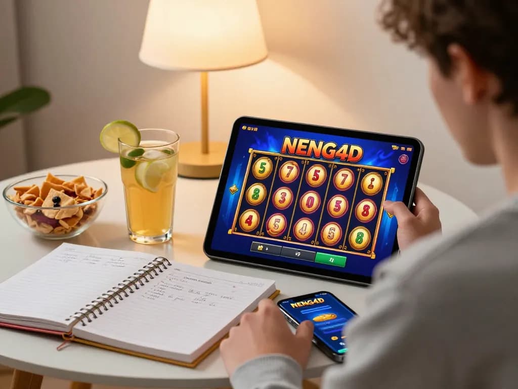 Engaging player enjoying NENG4D slots on a tablet, highlighting online gambling excitement.