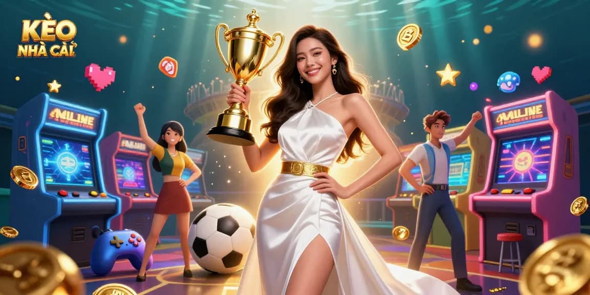 KÈO NHÀ CÁI showcases sports betting triumph with an Asian woman holding a trophy in a vibrant casino environment.