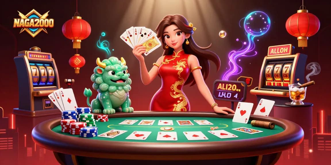 NAGA2000 memikat pemain dengan visual mencolok dari seorang wanita anggun dalam qipao, permainan poker vintage, dan simbol slot yang cerah.