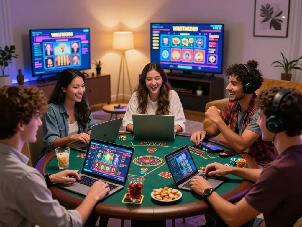 Exciting group of friends playing winstrike69 online casino games at home.