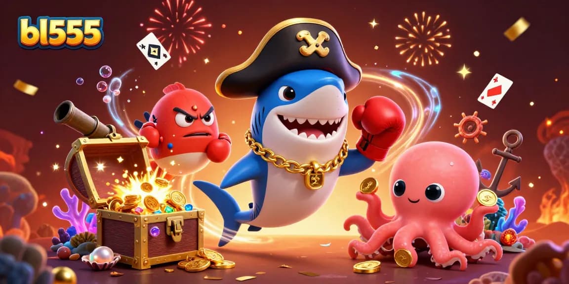 Experience thrilling gaming adventures at bl555 with pirate shark, octopus, and pufferfish characters.