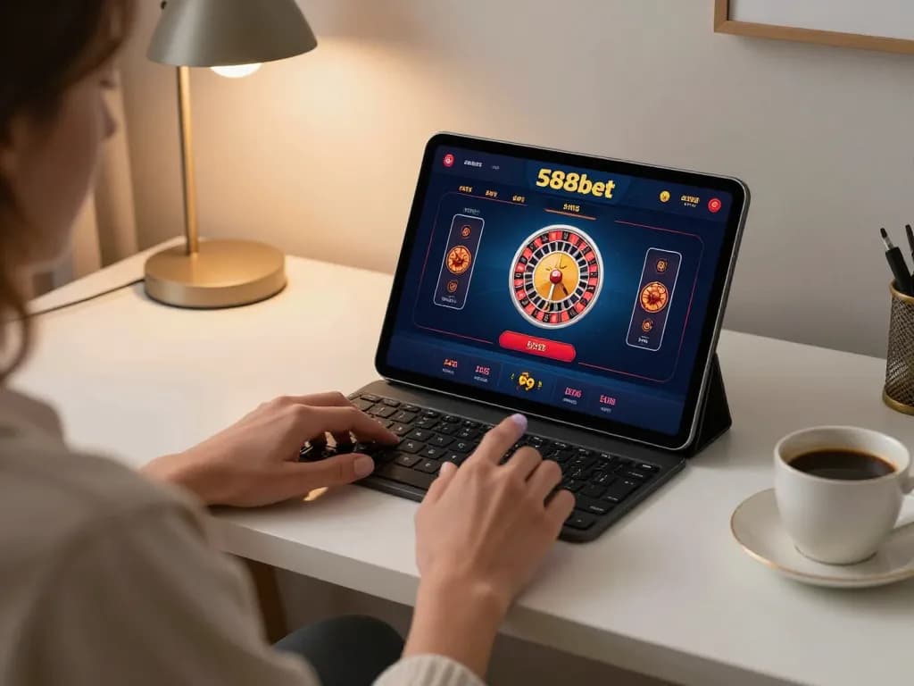 Person placing bets on the 388bet app in a cozy home office, engaging with live dealer game.